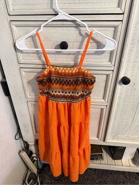 Girls Orange Smocked Bodice Tiered Sundress